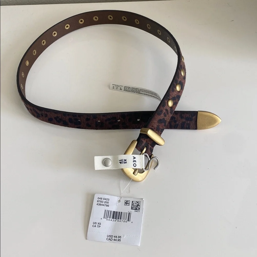 American Eagle Outfitters Brown Leopard Print Studded Belt with Gold Buckle XS